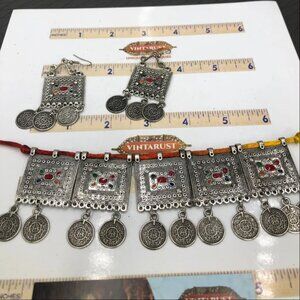 Afghan Jewelry Set With Dangling Coins, Silver Tribal Choker And Earrings Set,